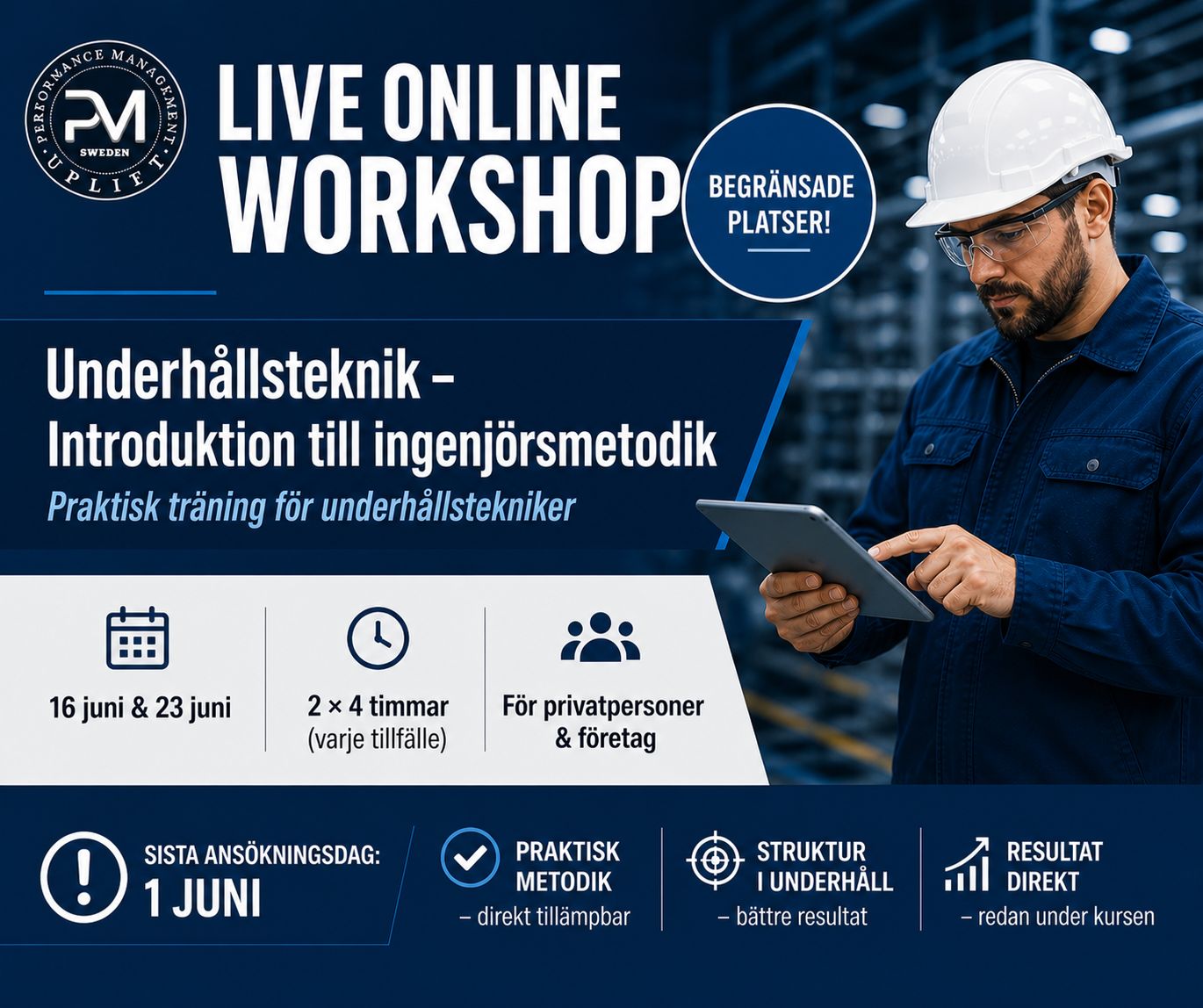Underhållstekniker med surfplatta i industrimiljö